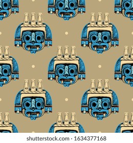 Seamless geometrical pattern with Aztec masks of god Tlaloc. Pre-Columbian Mexican art. Hand drawn rough sketches.