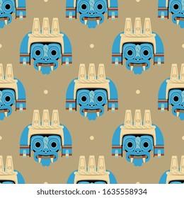 Seamless geometrical pattern with Aztec masks of god Tlaloc. Pre-Columbian Mexican art. 