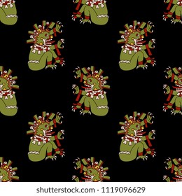 Seamless geometrical pattern with Aztec monsters. Ancient Mexican Indian motif.
