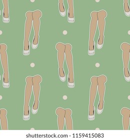 Seamless geometrical pattern with beautiful female legs in fancy shoes and polka dots. Modern pin up or pop art cartoon style.