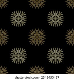 Seamless geometrical pattern with beautiful geometrical mandalas. Golden silhouettes on black background.