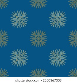 Seamless geometrical pattern with beautiful geometrical mandalas. Golden silhouettes on blue background.