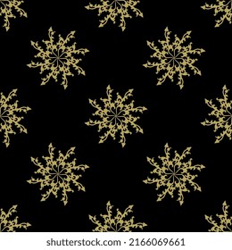 Seamless geometrical pattern with beautiful star shapes or snowflakes. Yellow gold spiral mandalas with floral motifs on black background.