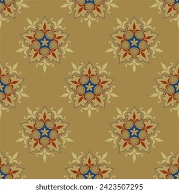 Seamless geometrical pattern with beautiful stars or stylized flowers. Medieval European motif. Five point geometrical mandala. On gold background.