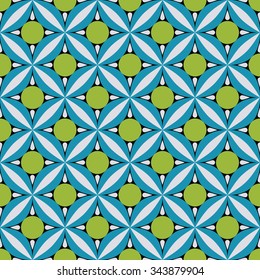 Seamless geometrical pattern in black, green and blue colors. Vector illustration.