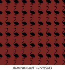 Seamless geometrical pattern with black silhouettes of swans on red background.