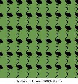 Seamless geometrical pattern with black silhouettes of swans on green background.