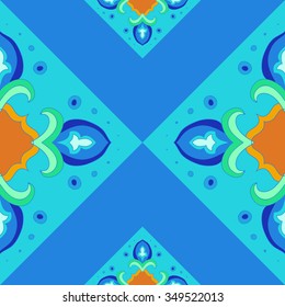 Seamless geometrical pattern in blue, green and orange colors. Vector illustration.