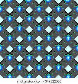 Seamless geometrical pattern in blue, green and orange colors. Vector illustration.