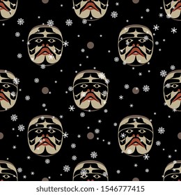 Seamless geometrical pattern with Canadian Kwakiutl masks and snowflakes. Native American tribal art.