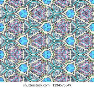 Seamless geometrical pattern from circular abstract floral ornaments multicolored in blue and purple shades on a beige background. Vector illustration. Suitable for fabric, wallpaper or wrapping paper