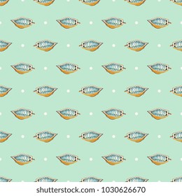 Seamless geometrical pattern with cocoa bean pods and polka dots. Cartoon style.