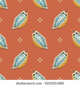 Seamless geometrical pattern with cocoa bean pods and abstract polka dots.