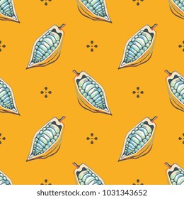 Seamless geometrical pattern with cocoa bean pods. Cartoon style.