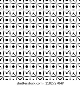 The seamless geometrical pattern consisting of the crossed lines and circles. The repeating geometrical figures. Vector.
