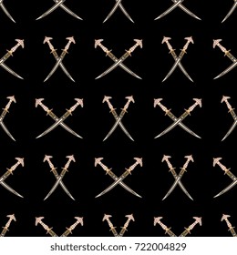 Seamless geometrical pattern with crossed oriental ancient jeweled daggers.