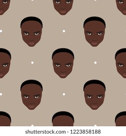 Seamless geometrical pattern with cute faces of African boy or girl and abstract polka dots.