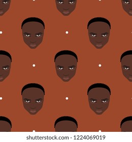 Seamless geometrical pattern with cute faces of African boy or girl and abstract polka dots.