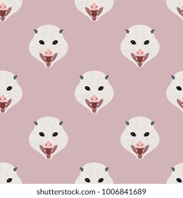 Seamless geometrical pattern with cute opossum faces. Flat cartoon style.