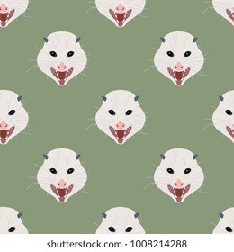 Seamless geometrical pattern with cute opossum faces. Flat cartoon style.