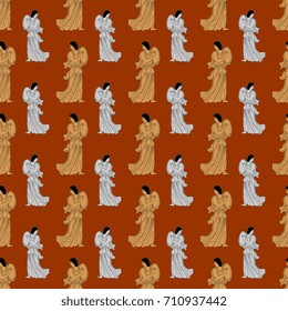 Seamless geometrical pattern with dancing nymphs or maenads in old Greek style.