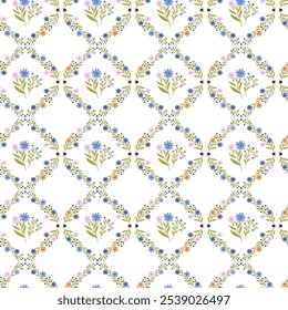 Seamless geometrical pattern design with wild flowers. Illustration for wallpaper, fabric, interior decor, wrapping paper.