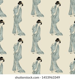Seamless geometrical pattern with elegant Japanese women in kimono. Vintage traditional style.