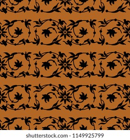 Seamless geometrical pattern with elegant silhouetted floral motifs. Based on Indian medieval motif.