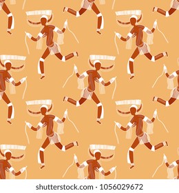 Seamless geometrical pattern with ethnic African motifs. Based on rock painting image of ancient Horned Goddess from Sahara desert. Tassili n'Ajjer, Algeria.