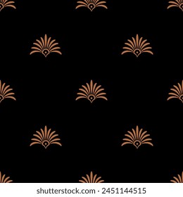 Seamless geometrical pattern with ethnic Ancient Greek palmette motifs. Orange brown floral silhouettes on black background.