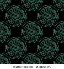 Seamless geometrical pattern with ethnic motifs. Round abstract mandalas based on Cretan Minoan art. Hand drawn rough sketches.