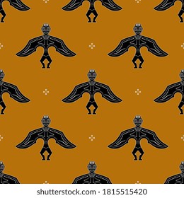 Seamless geometrical pattern with ethnic motifs. Fantastic winged bird man. Ancient Siberian tribal totem. Ancestor idol. Permian style.