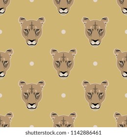 Seamless geometrical pattern with faces of lioness or puma and polka dots. Cartoon style.