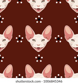 Seamless geometrical pattern with faces of naked domestic sphynx cat and abstract floral polka dots. Flat cartoon style.