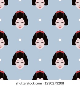 Seamless geometrical pattern with faces of tylized faces of a beautiful Japanese girl and abstract polka dots. Flat cartoon style. 
