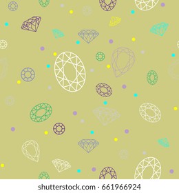Seamless geometrical pattern with faceted gems and colorful dots on a green background