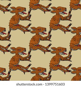 Seamless geometrical pattern with fantastic animals (deer of hare). Ancient Mexican Aztec motif. Ethnic style.