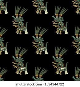 Seamless geometrical pattern with fantastic animals. Ancient Mexican motif of Aztec Indians.