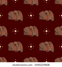 Seamless geometrical pattern with fantastic anthropomorphic birds with female heads and abstract dots. Ancient Greek mythology. Siren or Syren. Cartoon style.