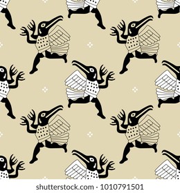 Seamless geometrical pattern with fantastic creatures. Ethnic style. Based on ancient Peruvian art of Moche Indians. Mochica culture.