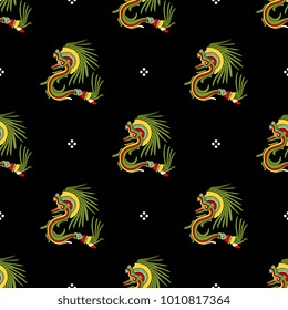Seamless geometrical pattern with fantastic creatures. Ethnic style. Based on folk art of ancient Mexican Aztec Indians.