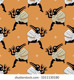 Seamless geometrical pattern with fantastic creatures. Ethnic style. Based on ancient Peruvian art of Moche Indians. Mochica culture.