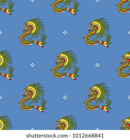 Seamless geometrical pattern with fantastic creatures. Ethnic style. Based on folk art of ancient Mexican Aztec Indians.