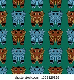 Seamless geometrical pattern with fantastic creatures. Ancient Peruvian tribal motif of Nazca Indians.