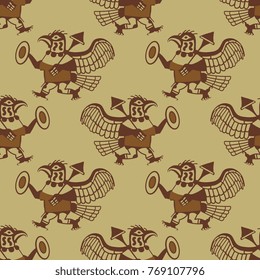 Seamless geometrical pattern with fantastic creatures. Monster eagle warrior. Based on ethnic image of Peruvian Mochica Indians.