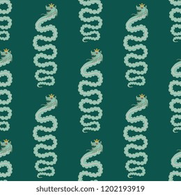 Seamless geometrical pattern with fantastic crowned snakes. Based on medieval motif.