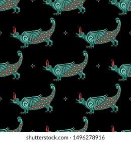 Seamless geometrical pattern fantastic dragons. Medieval European motif.
