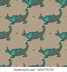 Seamless geometrical pattern fantastic dragons. Medieval European motif.