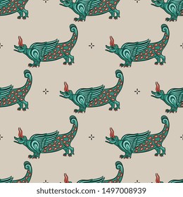 Seamless geometrical pattern fantastic dragons. Medieval European motif.