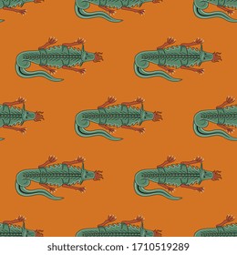 Seamless geometrical pattern with fantastic dragons. Medieval illuminated manuscript motif. Fantastic monster animals.